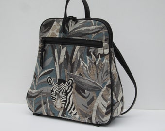 Zebra Backpack |  Jungle Themed Upholstery Fabric Backpack | Streamlined Unisex Daypack  |  Purse Backpack  | Genuine Black Leather