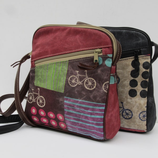 Waxed Canvas Bag | Waxed Japanese Echino Textile with Bicycles Purse |  Waxed Crossbody Bag | Water Resistant Shoulder Purse | Real Leather
