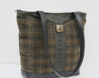 Waxed Canvas and Wool Tote Bag | Zipper Top Tote |  | Green Plaid Wool Shoulder Bag | Medium Canvas Commuter Bag | Genuine Black Leather