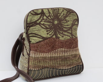 OOAK Shoulder Bag | Small Upcycled Crossbody | Floral Fabric Collage Purse | Green Brown Gold | Genuine Brown Leather