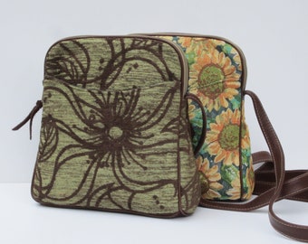 Small Shoulder Bag,  Tapestry Floral Purse, Sunflowers Crossbody Bag *  Green Brown Floral Chenille | Genuine Brown Leather Trim
