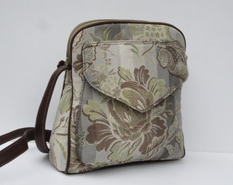 Small Shoulder Bag | Handmade Crossbody Purse, Traditional Floral Upholstery Brocade*  Pastel Earth Tones | Genuine Brown Leather