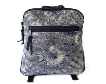 Blue Abstract Backpack, Small Rucksack, Blue Tie Dye Backpack with Black Leather Accent, Handmade