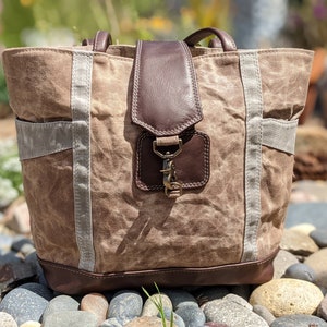 Waxed Canvas Tote Bag | Market Bag | Canvas Shopping Bag | Water Resistant Purse with Genuine Leather Straps