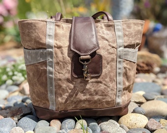 Waxed Canvas Tote Bag | Leather Straps, Water Resistant Market Bag