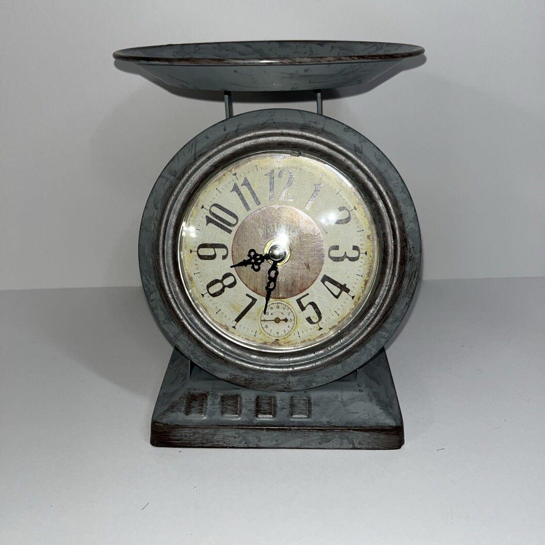 Primitive Farmhouse Aged Gray Scale Clock Candle Holder Dish Home Decor ...