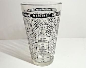 Vintage Cocktail Recipe Mixing Glass Martini Gibson Tom Collins Barware