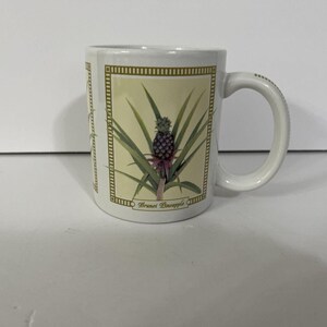 Peut inclure: Tasse en céramique blanche avec une illustration d'ananas. L'ananas est représenté avec des feuilles vertes et un fruit violet. Le texte "Brunei Pineapple" est en dessous de l'image. La tasse a une anse et une bordure décorative.