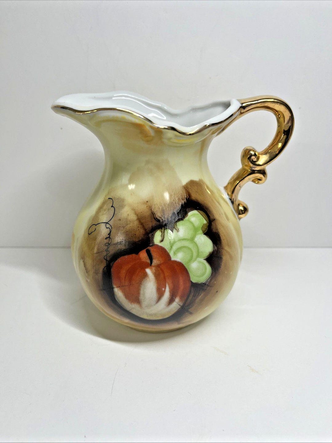 Hand Painted Porcelain Pitcher Apple Grape Gold Trim 5.5 Inch Small ...