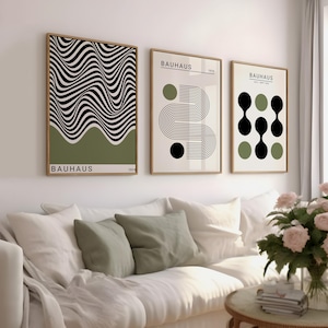 Bauhaus Exhibition Wall Art Set of 3, Sage Green Retro Art Printable, Minimalist Bauhaus Posters, Modern Decor, Digital Download Art Prints