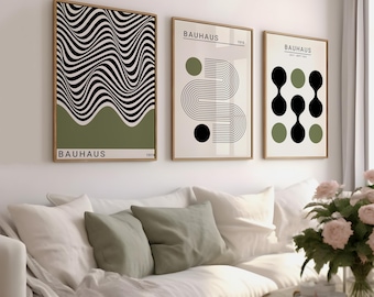 Bauhaus Art Print Set: Sage Green Retro Exhibition Posters (Digital Download)