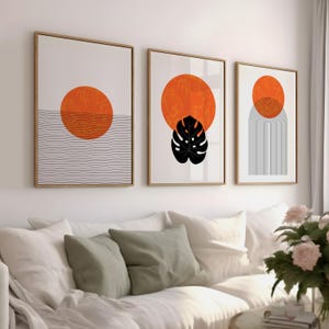 Boho Abstract Wall Prints Set of 3, Modern Mid Century Scandi Art Prints, Black Orange White Boho Wall Art Decor, Digital Home Art Prints