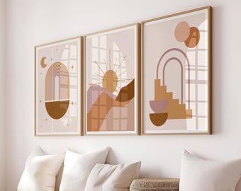 Boho Sun & Moon Prints Set: Beige Abstract Wall Art (Digital Download)