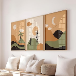 Boho Prints Set of 3, Boho Moon Prints, Mid Century, Boho Mountain Print, Boho Desert Wall Art, Boho Landscape Art Print, Digital Art Prints