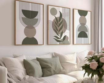 Saliegroene bohoprints: moderne geometrische muurkunst (set van 3) (digitale prints)