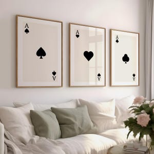 Juego de 4 cartas Ace, carteles de naipes en negro y beige, arte de pared imprimible divertido y moderno, descargas digitales retro de moda, decoración de pared elegante
