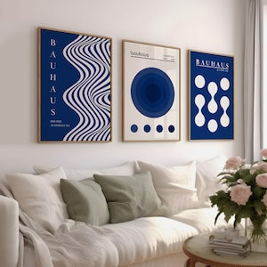 Blue Bauhaus Prints Set of 3, Abstract Geometric Wall Art, Mid Century Modern Posters, Bauhaus Exhibition Art, Danish Pastel Decor, Digital