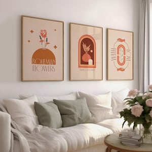 Conjunto de 3 obras de arte de pared boho, impresiones de ilustraciones estéticas, póster boho, jarrones con manos y flores, terracota abstracta boho, descarga digital