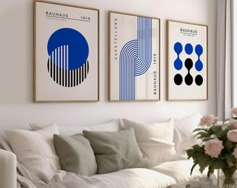 Blue Bauhaus Exhibition Poster Set: Mid-Century Modern Geometric Prints (Digital Download)