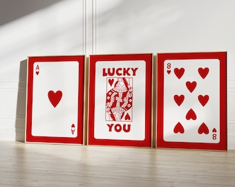 Rode retro speelkaartafdrukken: Lucky You typografiekunst (digitale download)