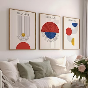 Juego de 3 carteles Bauhaus, arte de pared geométrico rojo, amarillo y azul, impresiones abstractas modernas de mediados de siglo, decoración digital para el hogar, la oficina y la sala de estar