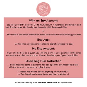 Op de afbeelding: Een roze en witte afbeelding met instructies over het downloaden van digitale aankopen van Etsy. De tekst bevat informatie over het downloaden van bestanden met een Etsy-account, de Etsy-app of zonder Etsy-account. Het bevat ook instructies over het uitpakken van bestanden.