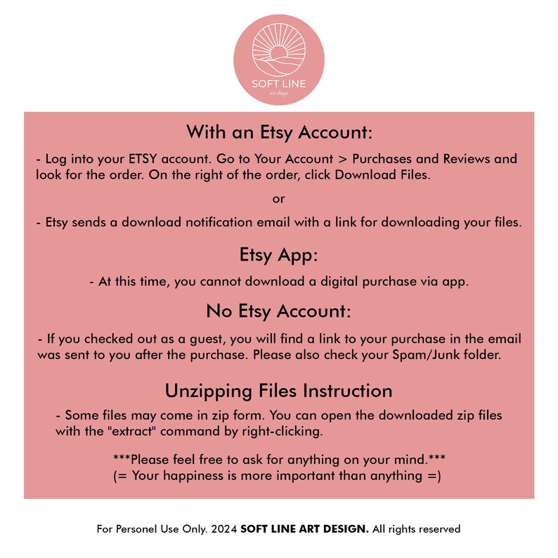 Op de afbeelding: Een roze en witte afbeelding met instructies over het downloaden van digitale aankopen van Etsy. De tekst bevat informatie over het downloaden van bestanden met een Etsy-account, de Etsy-app of zonder Etsy-account. Het bevat ook instructies over het uitpakken van bestanden.