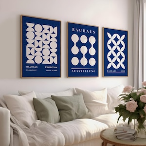 Blue Bauhaus Set of 3 Poster Prints, Minimalist Retro Wall Art, Mid-Century Modern Geometric Bauhaus Exhibition Poster, Digital Art Prints