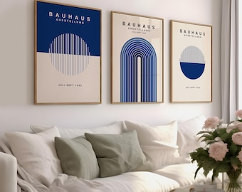 Blue Bauhaus Exhibition Poster Set: Mid-Century Modern Geometric Prints (Digital Download)