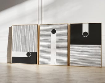 Minimalistische zwart-wit abstracte kunstafdrukken: Scandinavische geometrische set (digitale download)
