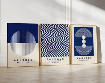 ブルーバウハウスポスタープリント：幾何学模様のウォールアートセット（デジタルダウンロード）