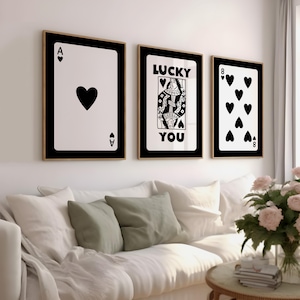 Schwarzes trendiges Wandkunstset von 3, Lucky You Ace-Kartenplakat, ästhetische Retro-Drucke, minimalistische Typografiekunst, lustige digitale Kunst herunterladen