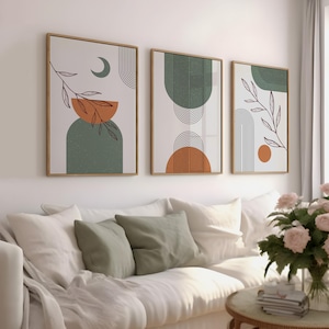 Green Boho Wall Art Prints Set of 3, Aesthetic Abstract Geometric Posters, Minimalist Mid Century Modern, Living Room Decor Digital Prints