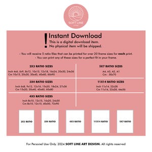 Op de afbeelding: Een roze en witte afbeelding met de tekst "Direct downloaden" en "Dit is een digitaal downloadbaar item. Er wordt geen fysiek item verzonden." De afbeelding bevat ook een tabel met de tekst "2x3 verhoudingen", "3x4 verhoudingen", "4x5 verhoudingen", "5x7 verhoudingen" en "11x14 verhoudingen". De tabel geeft de verschillende maten in inches en centimeters weer.
