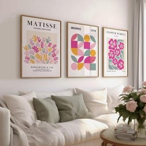 Juego de 3 impresiones de arte de pared Bauhaus, juego de impresiones de Matisse, póster de mercado de flores, arte de pared minimalista moderno, póster verde rosa, impresiones de arte digital