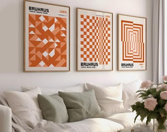 Orange Bauhaus Poster Prints: Retro Geometric Wall Art (Set of 3) (Digital Print)