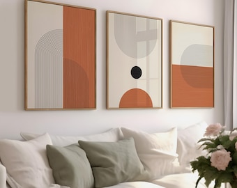 Set geometrische print uit het midden van de eeuw: verbrande oranje bohokunst aan de muur (digitale download)