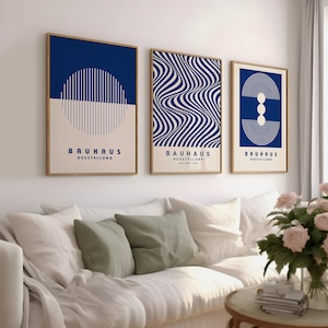 Set of 3 Blue Bauhaus Poster Prints, Geometric Abstract Wall Art, Modern Printable Wall Decor, Minimalist Digital Art for Home or Office
