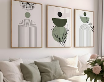 Saliegroen boho abstracte kunstprints, Scandinavisch decor (set van 3) (digitale download)