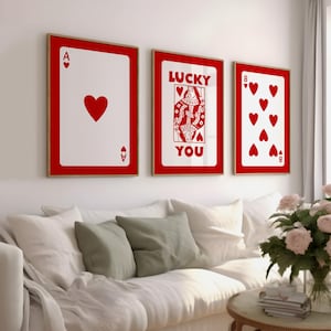 Juego de 3 cuadros de pared de estilo retro y moderno en rojo, póster de la carta Lucky You Ace, impresiones de naipes vintage, arte tipográfico estético divertido, descarga digital