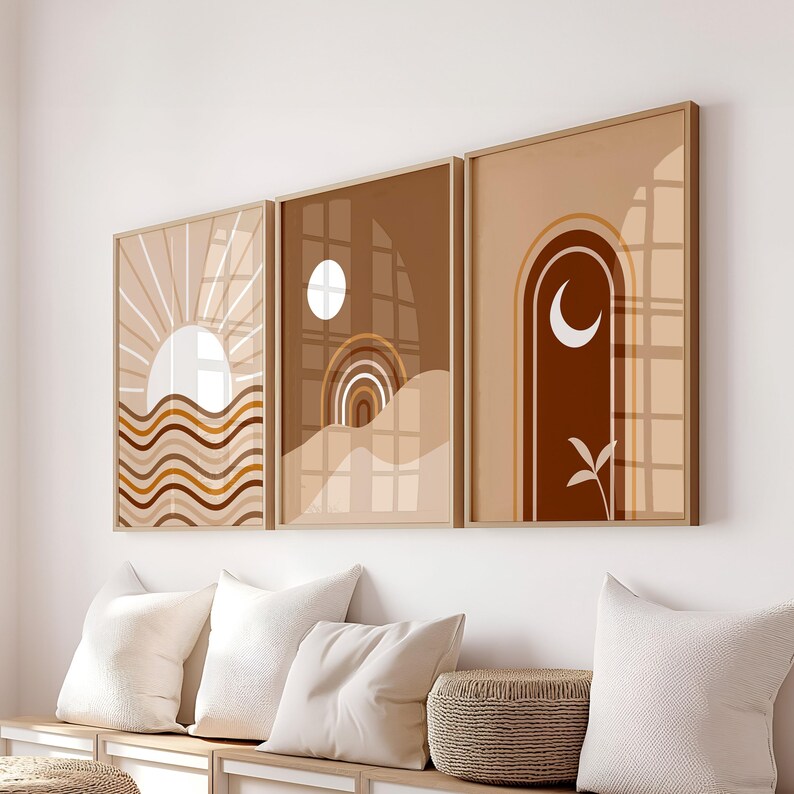 Sun and Moon Landscape Art Print Boho Wall Set Digital Art Print Mid Century Modern Wall Art Prints Boho Home Decor, Digital Download