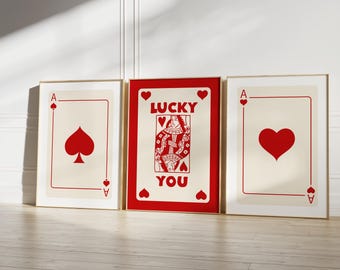 Red Playing Card Poster Set: Retro Casino Wall Art (Digital Prints)