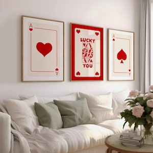 Red Playing Card Poster Set of 3, Lucky You Ace of Spades Print, Ace of Hearts Wall Art, Casino Aesthetic Decor, Trendy Retro Digital Prints