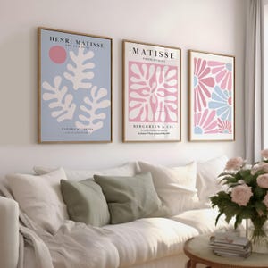 Zestaw 3 różowo-niebieskich wydruków Matisse&#39;a, abstrakcyjna sztuka ścienna, pastelowy duński estetyczny wystrój, nowoczesne minimalistyczne wydruki, pobieranie sztuki cyfrowej