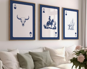 Western Playing Card Art Prints: Cowboy, Bull Skull, Cactus (Digital Download)