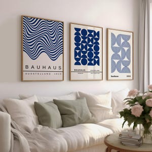 3er Set Bauhaus Poster Prints, Blau-weiße geometrische Wandkunst, Boho-Wanddekoration, moderne Bürokunst, druckbare Wandbilder