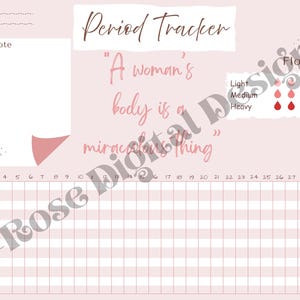 Könnte beinhalten: Ein rosa Perioden-Tracker mit dem Text "Period Tracker" und dem Zitat "A woman's body is a miraculous thing." Enthält ein Kalenderraster, Flussindikatoren und Platz für Notizen. Florale Akzente und ein hellrosa Farbschema.