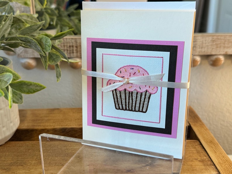 Sweet Cupcake Hand-Stitched Card Multiple Colors, Single Pink/Brown