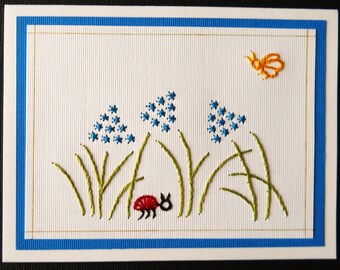 Hand-Stitched Flowers with Ladybug Note Cards / Pack of Five