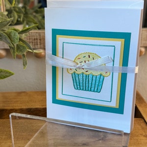 Sweet Cupcake Hand-Stitched Card Multiple Colors, Single Teal/Yellow